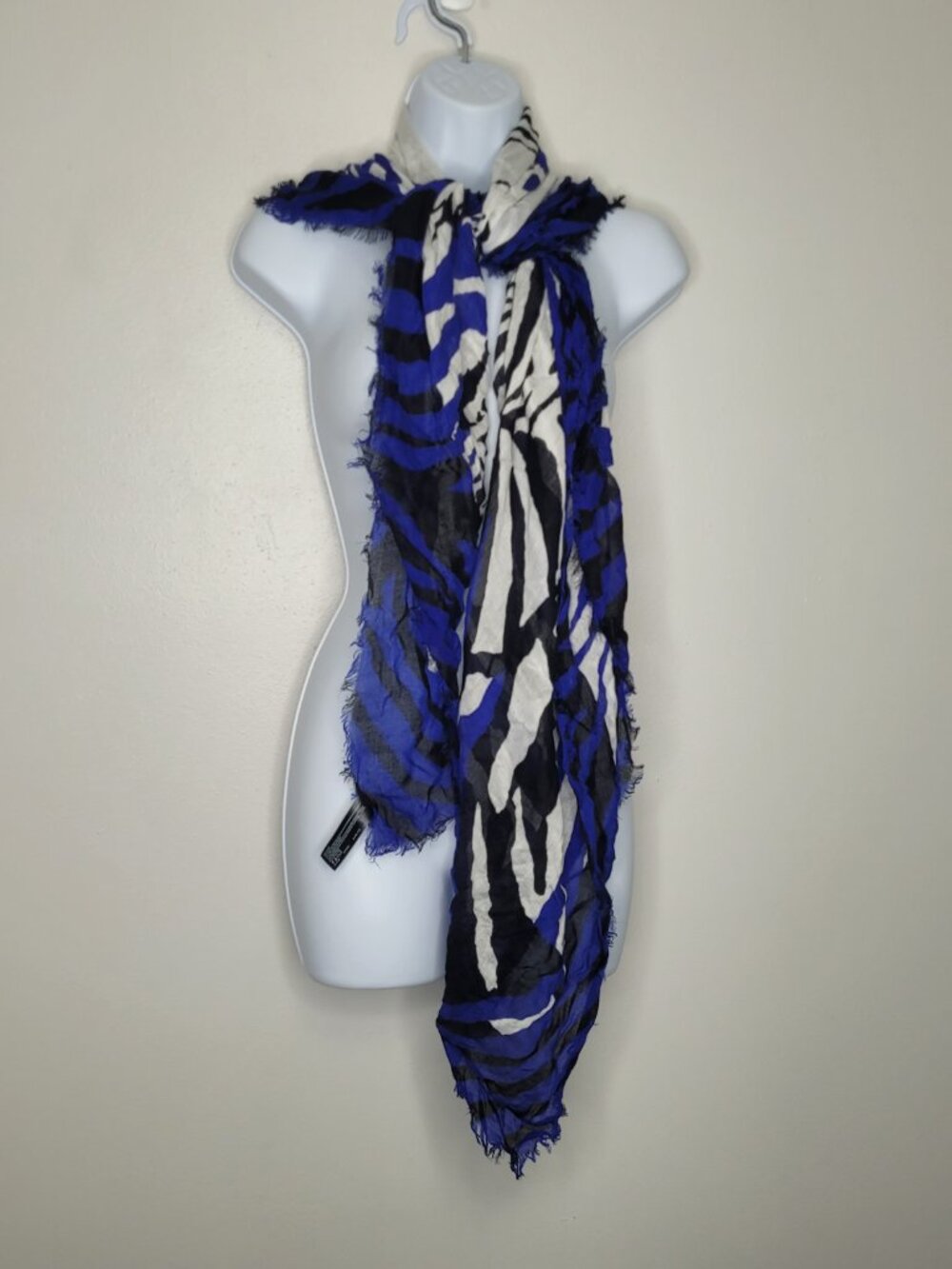 Express blue black white zebra bold print semi sheer scarf raw hem